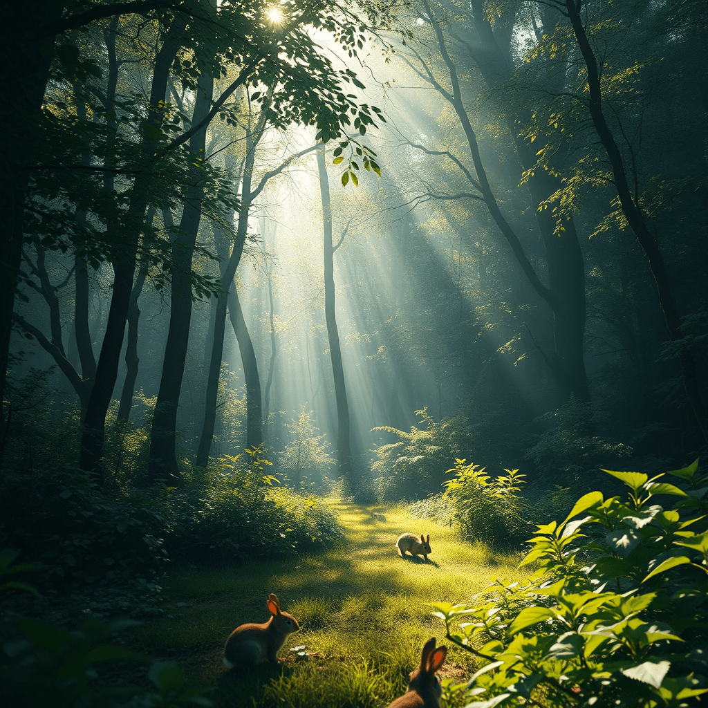 Ultra-Realistic Forest Scene: Sunlit Canopy with Wildlife in High-Resolution 32K - Fulgent AI