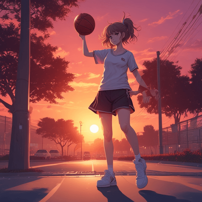 Anime Girl Playing Basketball at Sunset in 4K – Detailed Character Design with Full Body Art and Dynamic Action Pose