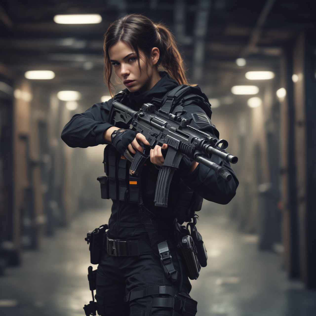 Dynamic Special Operations Girl in Action: Cinematic Warehouse Shootout