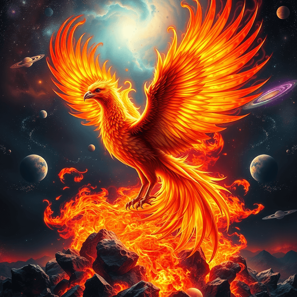 Fiery Phoenix Rising: Cosmic Rebirth in Vibrant Colors