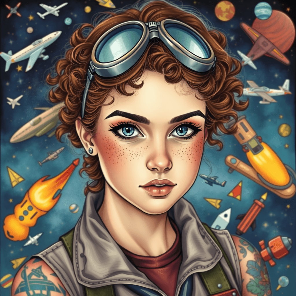 Curly-Haired Aviator Woman with Tattoos in Cosmic Flight Scene