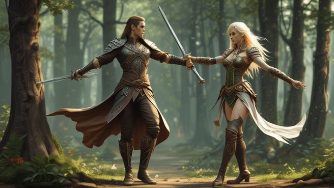 Fantasy Blade Dancers Dueling in Photorealistic Art