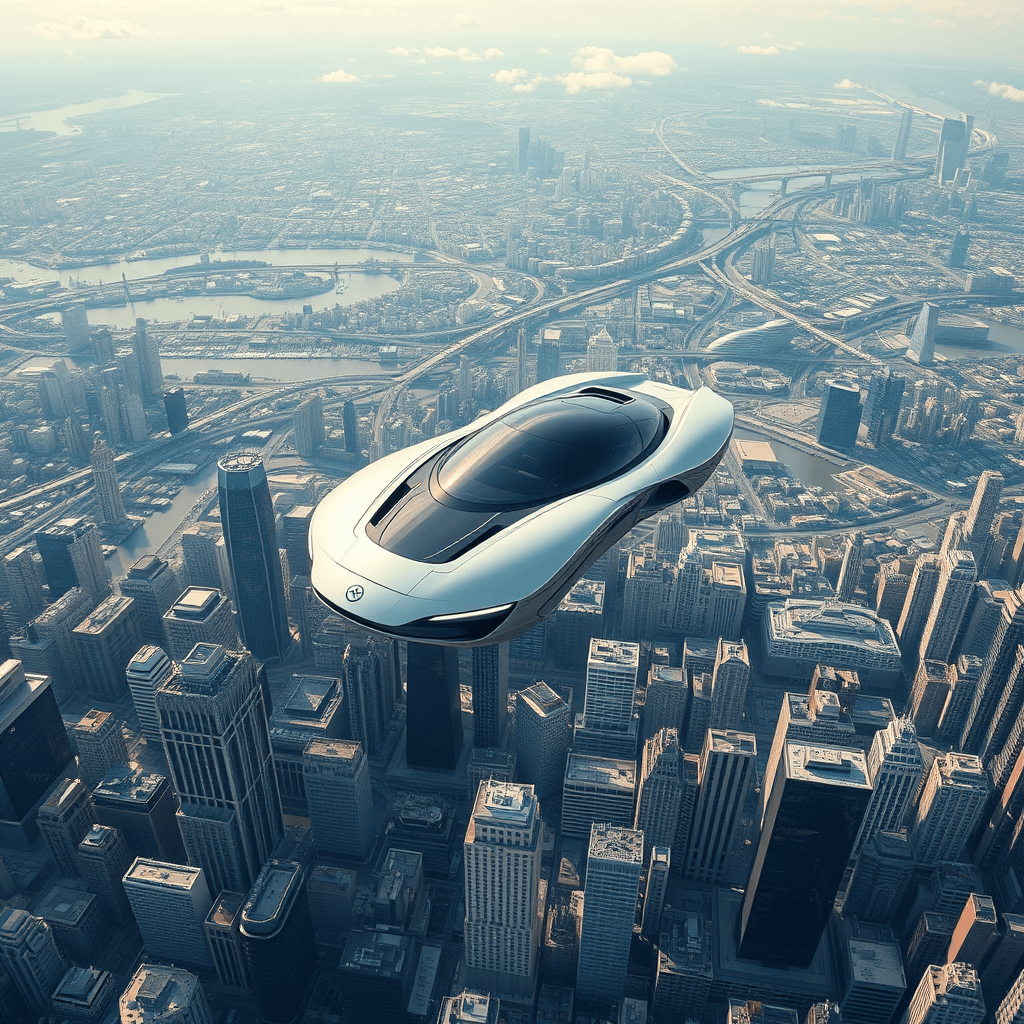 Futuristic Flying Car: Marvel of Future Engineering Soaring Above Cityscape