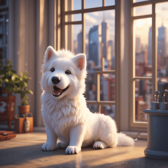 Charming 3D Anime Chibi Tatra Shepherd Dog Yawning in Vibrant City Scene