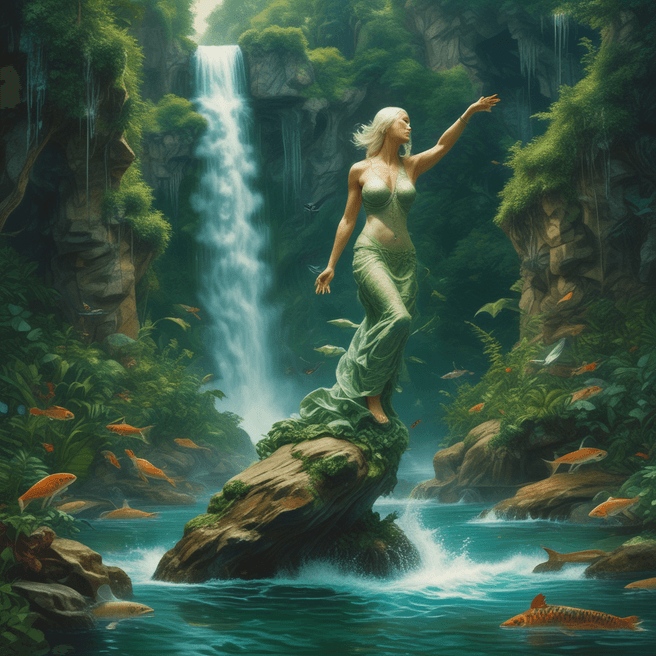 Majestic Waterfall Sculpture: Surreal Stone Woman Emerging from Water