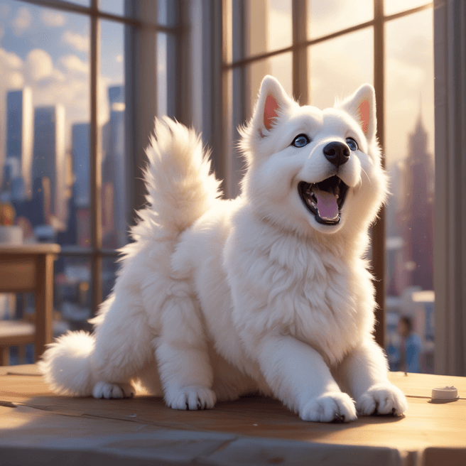 Charming 3D Anime Chibi Tatra Shepherd Dog Yawning in Vibrant City Scene