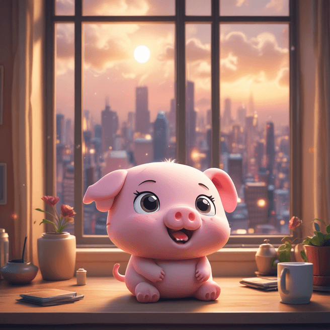 Vibrant 3D Anime Chibi Pig Yawning in City Scene