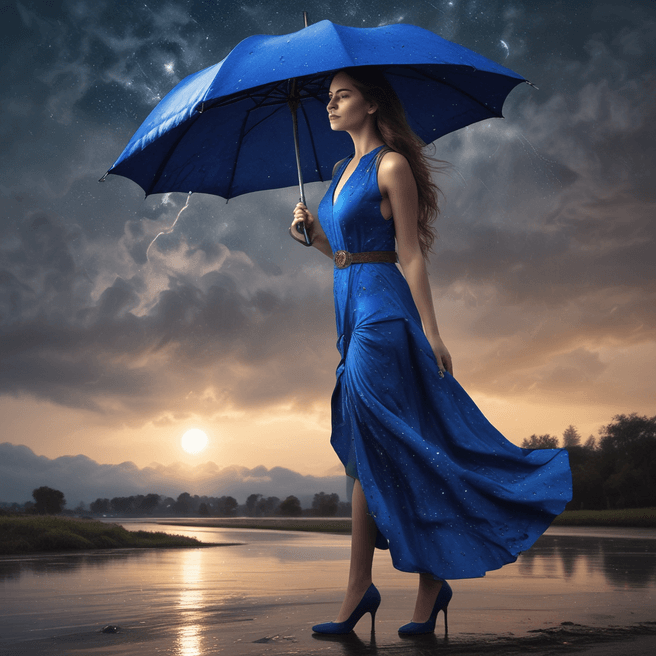 Enchanting Woman in Folk Attire with Starry Night Umbrella in Heavy Rain
