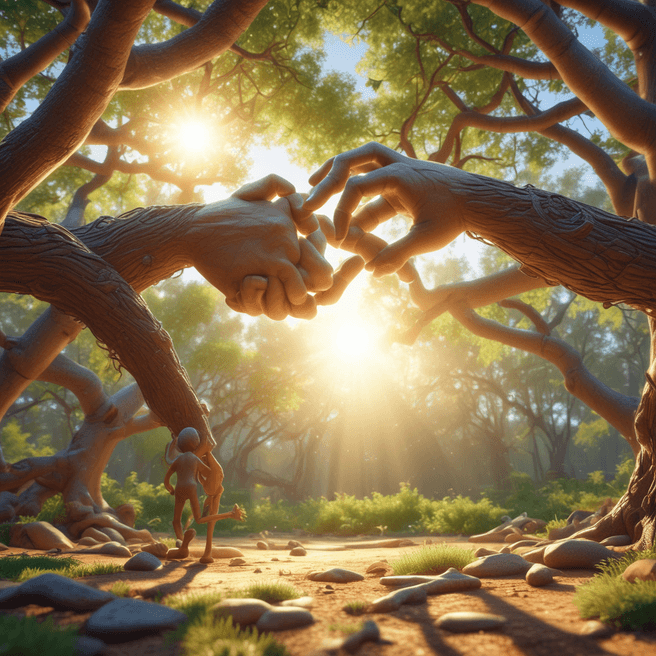 Enchanting Pixar Style 3D Render: Tree Branch Hands in Sunlight