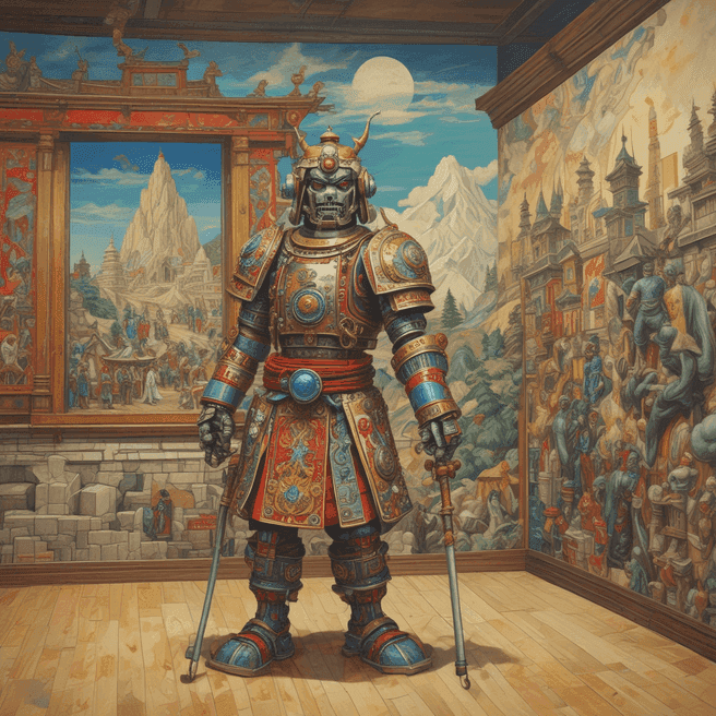 robot samurai, masquerade, Wooden stake grappling hook, striking, Crystal mountain, New moon, by Edward Hopper, PBR, Maya Model, Fisheye Lens, Paper-Mache, Electric Colors, Detailed and Intricate, Lonely, Colored Pencil, Mural