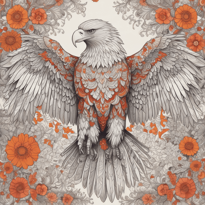 Majestic Eagle Illustration in Vibrant White, Reds, and Oranges with Floral Patterns