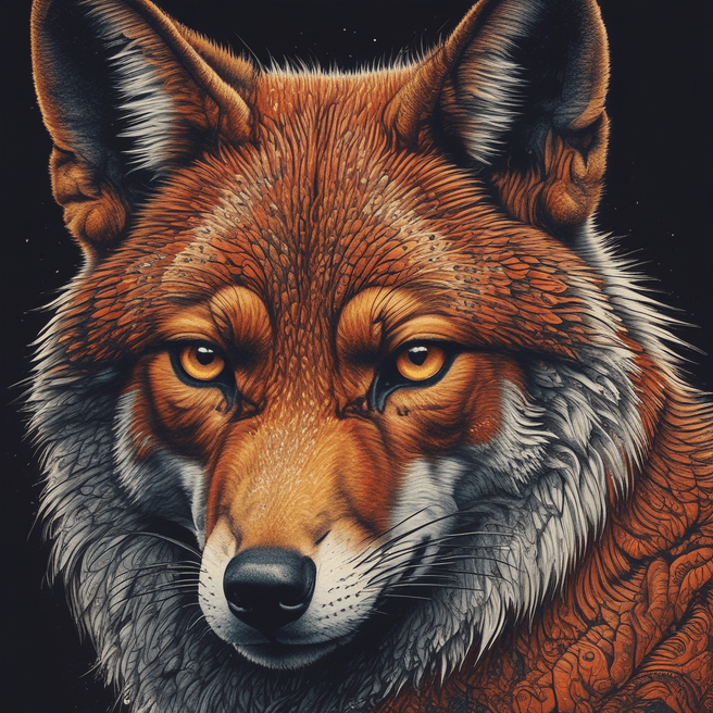 Stippling Fox Design with Cinematic Vibe | Vibrant Colors | Angry Eyes | Dark Background | Mowgli Inclusion