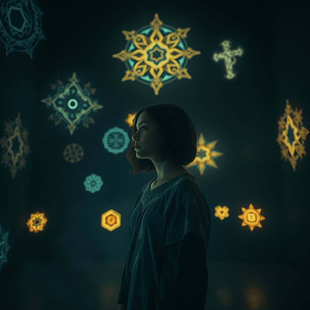 Enigmatic young woman surrounded by magical symbols in a dark room | Fulgent AI
