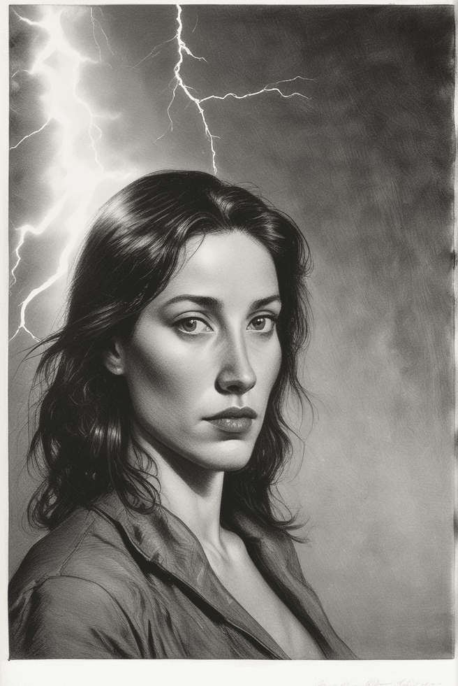 Captivating Woman's Self-Portrait with Striking Lightning Background