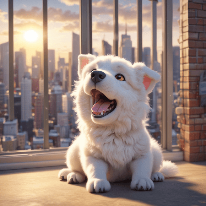 Enchanting 3D Anime Chibi White Tatra Shepherd Dog in Vibrant City Morning