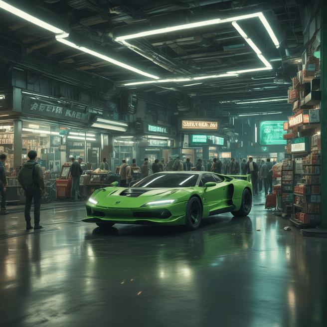 Futuristic Cinematic Action Scene: Lunar City Convenience Store Ambiance