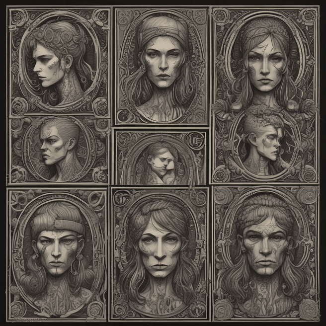 Unique and Eccentric Visuals: Dark Fantasy Cinematic Art with Tattoos and Odd Hair