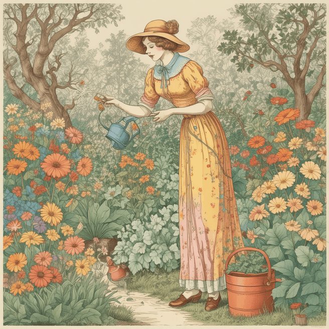 Vintage Portrait: Lady Watering Garden | Colorful Paper Art Illustration