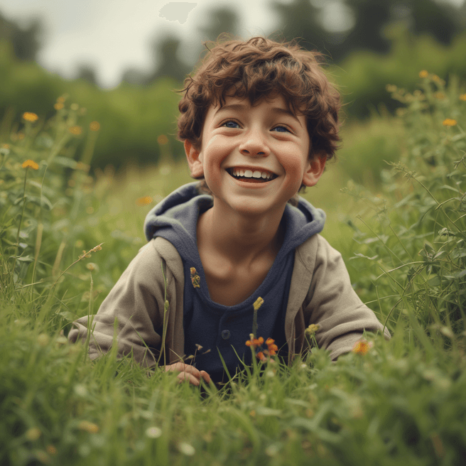 Pixar style Portrait of a boy playing in a field
