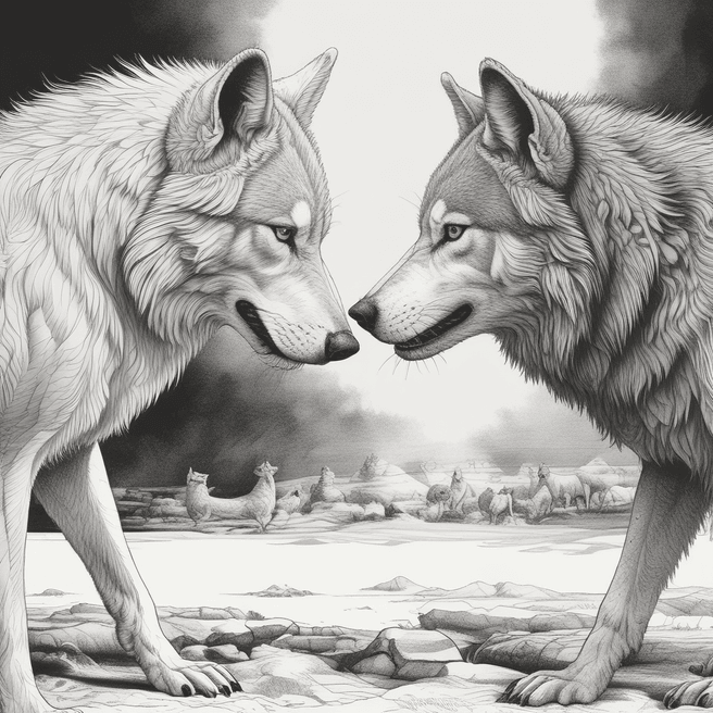 White and Black Wolves in Tense Standoff - Striking Illustration | Fulgent AI