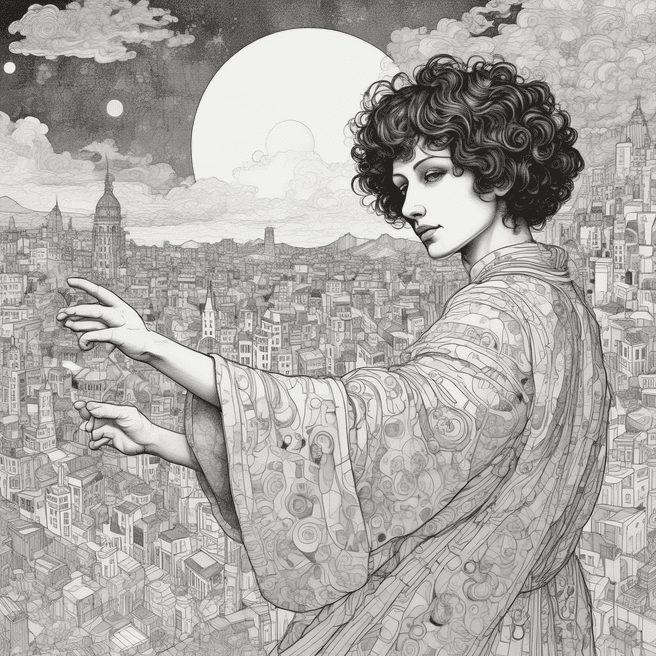 mind control master, mac, reality distortion field, Pointing with one arm extended and finger pointing, City of the sun, Firefly light, by Gustave Klimt, Detailed Render, 3D Model, Portrait, Paper-Mache, Infrared, Cel Shading, Melancholic, Ink, Graphic Novel