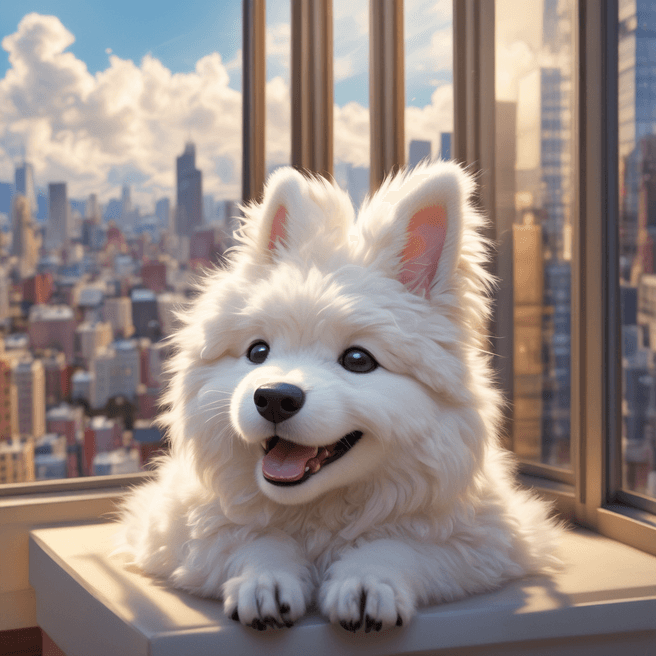 Enchanting 3D Anime Chibi White Tatra Shepherd Dog in Vibrant City Morning