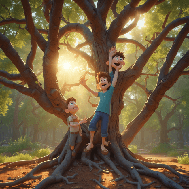 Enchanting Pixar Style 3D Render: Tree Branch Hands in Sunlight