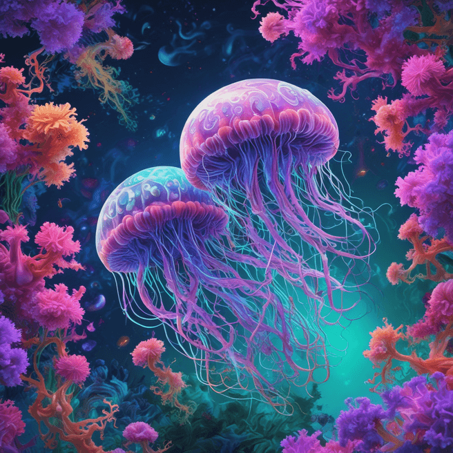 Psychedelic 3D Jellyfish: Vibrant Colors in Surreal Underwater World