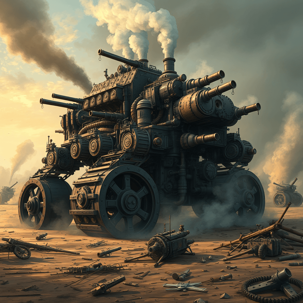 Monstrous Steampunk War Machine Illustration for Cinematic Dark Fantasy