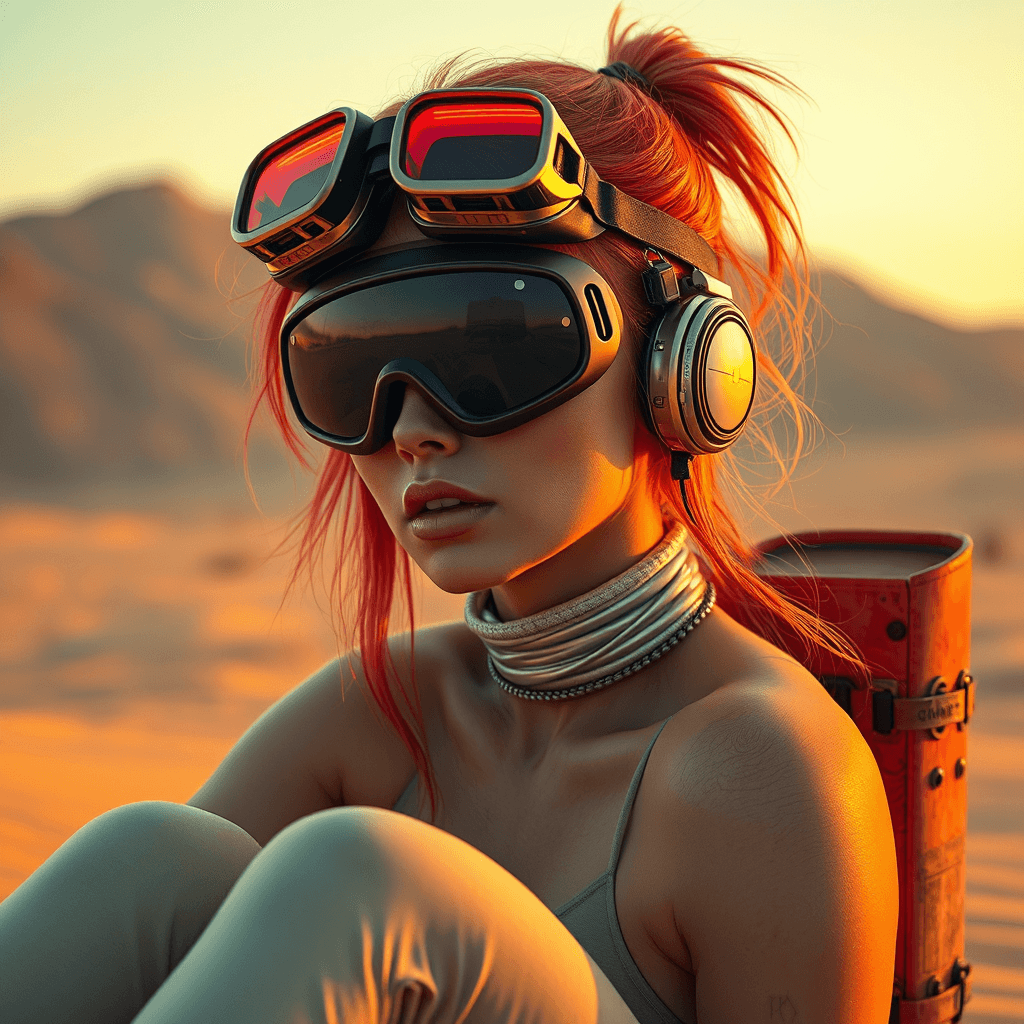Hyper-Realistic Cyberpunk Desert Portrait: 4K Female Character in Metallic Goggles | Fulgent AI