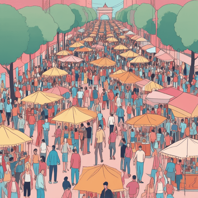 Vibrant Retro Street Festival Illustration - Cinematic & Fashionable Ambiance