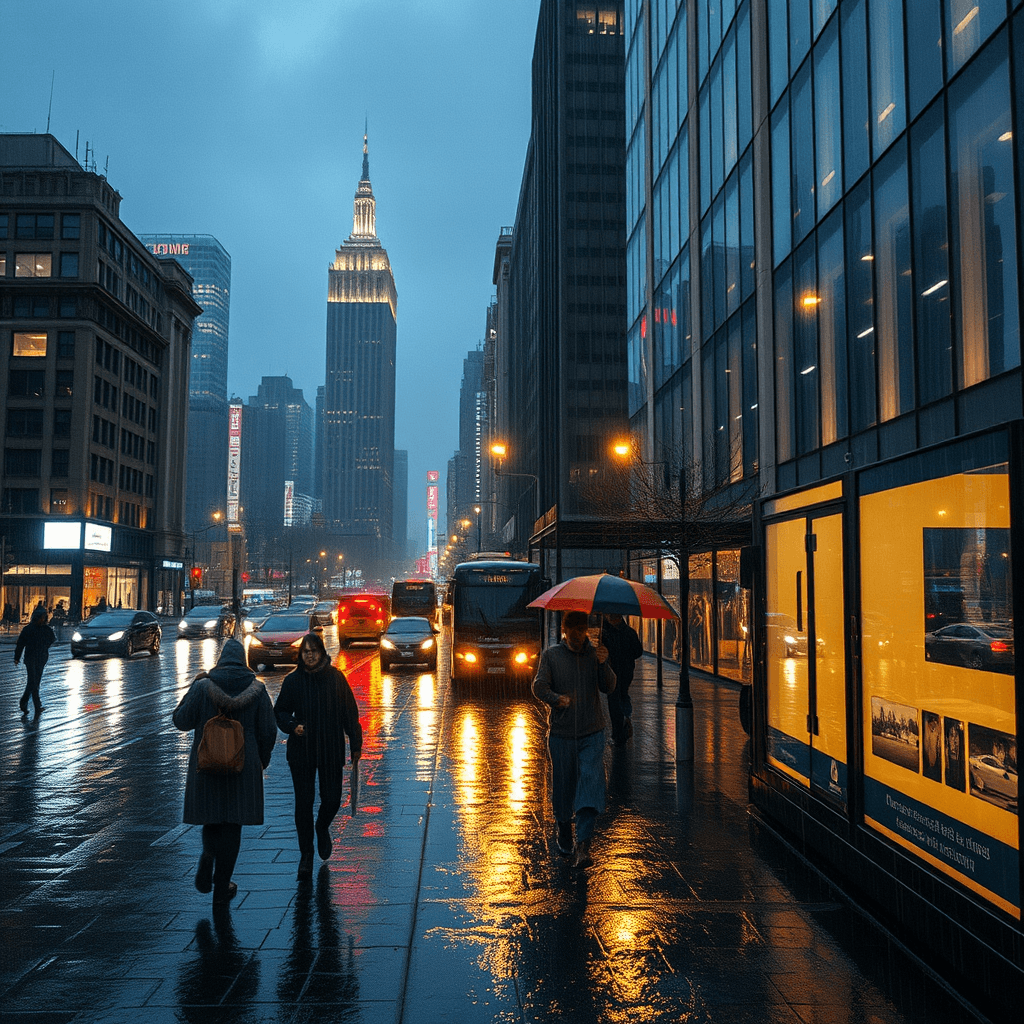 Rainy Cityscape: Moody Night Scene with Glowing Lights & People in Raw Style