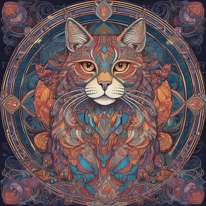 Colorful Mandala Cat Illustration in Alphonse Mucha Style
