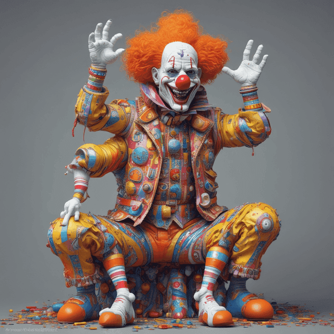 carnival clown, sport jacket, feeder, Doing sit-ups, bottom, Bright white, by Gustave Klimt, Creature Design, Zbrush Sculpt, Macro, Paper Model, Neon, Doodle, Fear, Oil Paint, Dadaist