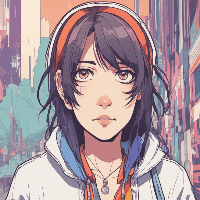 1girl,cel shading,bold outlines,flat colors,sharp shadows,graphic style,(manga influence),clean linework,(striking visuals),multicolored background