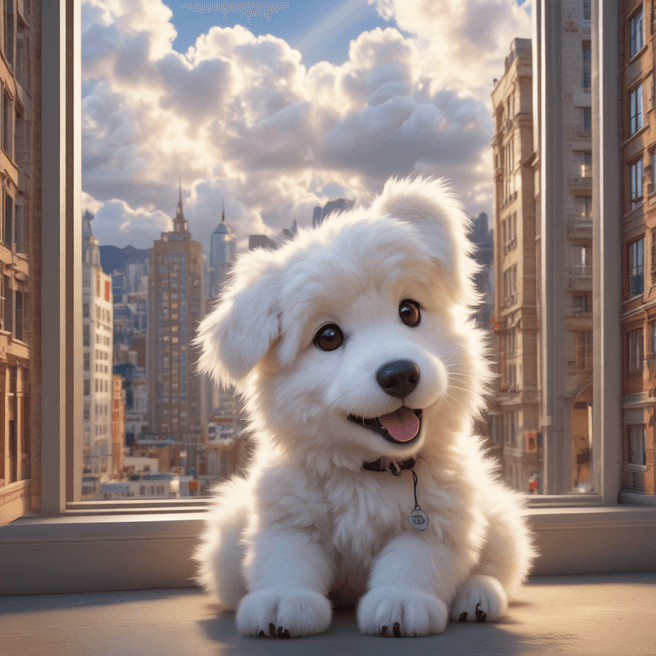 Charming 3D Anime Chibi Tatra Shepherd Dog Yawning in Vibrant City Scene