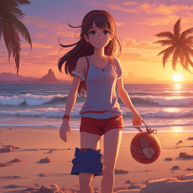 Anime Girl Playing Basketball at Sunset on Beach | 4K Detailed Character Art