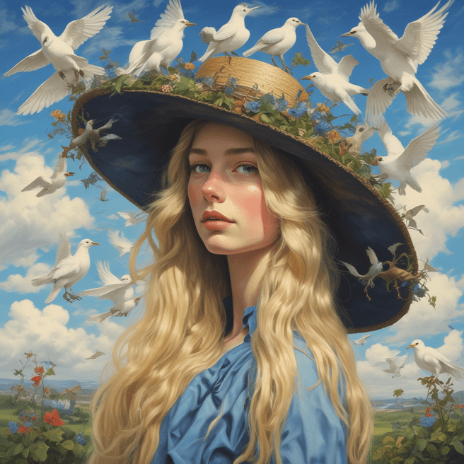 Enchanting Blonde Woman in Bird-Adorned Hat | Fulgent AI