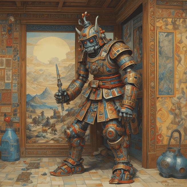robot samurai, masquerade, Wooden stake grappling hook, striking, Crystal mountain, New moon, by Edward Hopper, PBR, Maya Model, Fisheye Lens, Paper-Mache, Electric Colors, Detailed and Intricate, Lonely, Colored Pencil, Mural