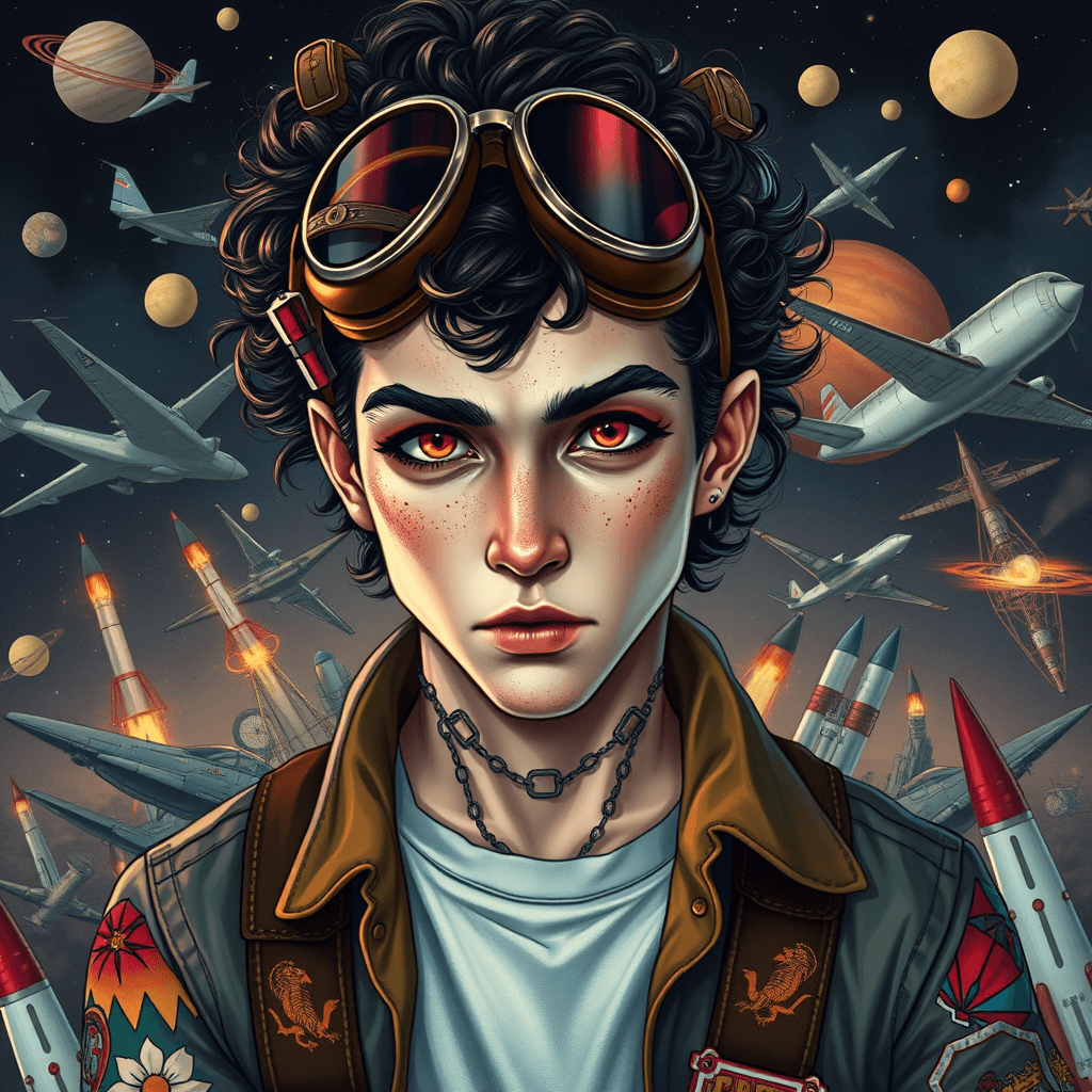 Creative AI-Generated Character Design: Vampire Man with Curly Hair and Aviator Goggles