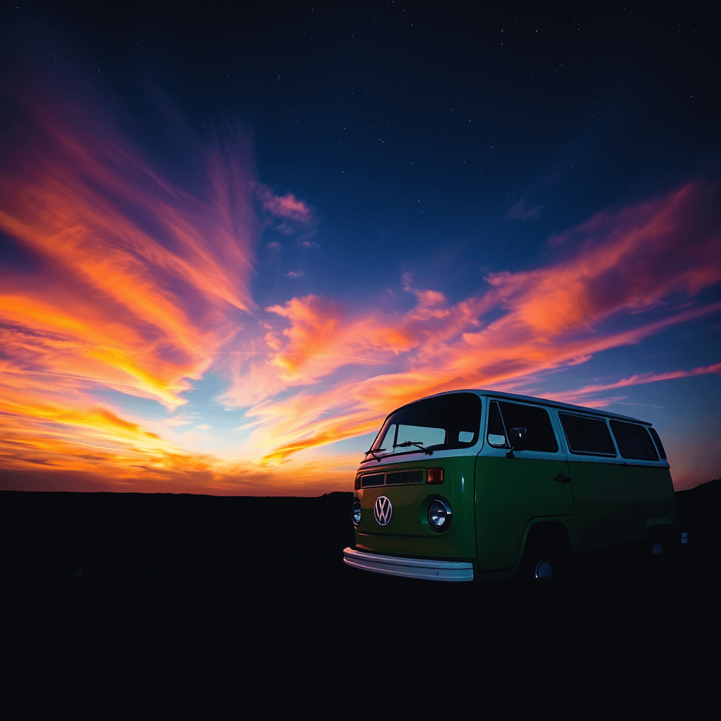 Enchanting Night Sky with Vintage Volkswagen Van: Serene Desert Sunset Scene