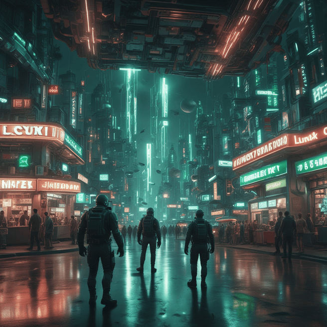 Cinematic action scene of a sci-fi movie in front of a convenience store inside a lunar city4 in the style of elysium by neill blomkamp, shot at a phantom tmx 75105, futuristic gyromats in dynamic motion in an interstellar environment with green hues and light-red accents1 intricate details, volumetric lighting, lunar --ar 169 --s 260