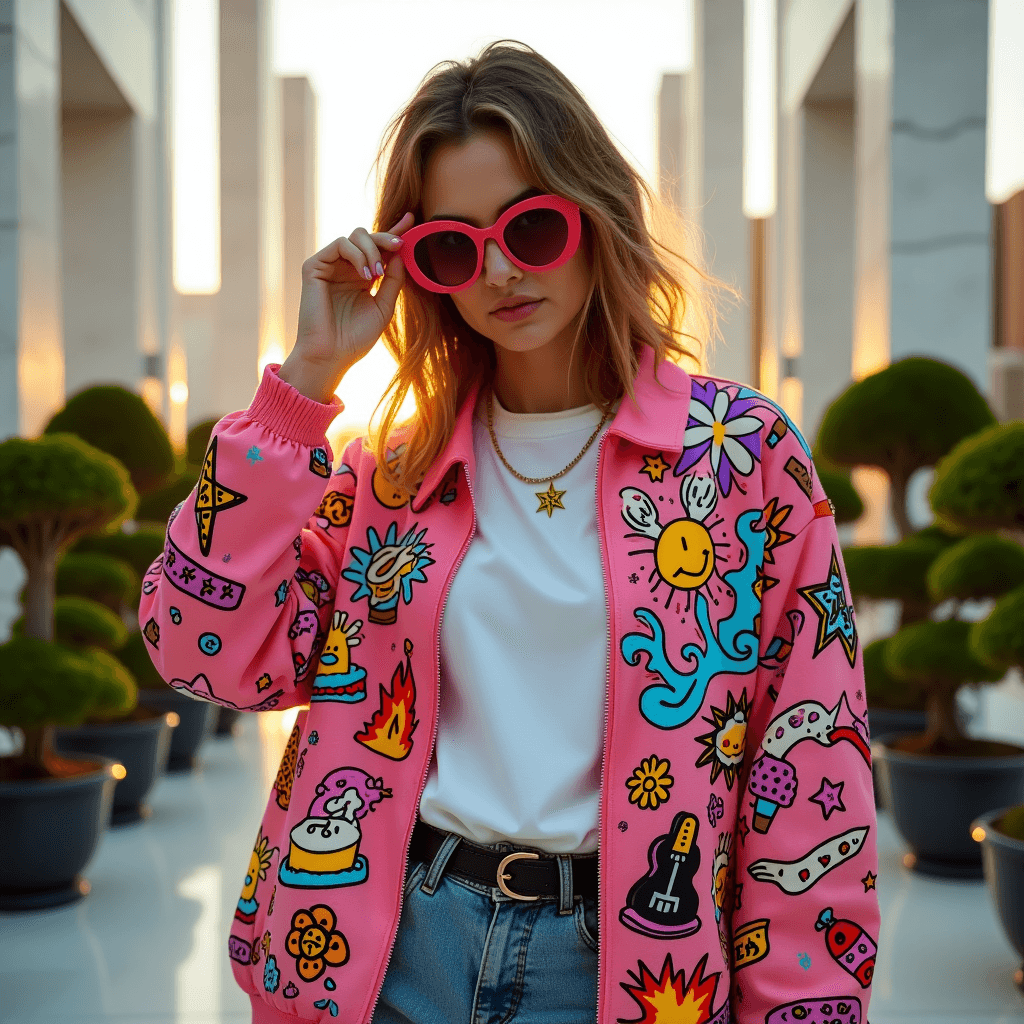 Futuristic Tokyo Streetwear Editorial: Urban Fashion Model in Vibrant Action Pose