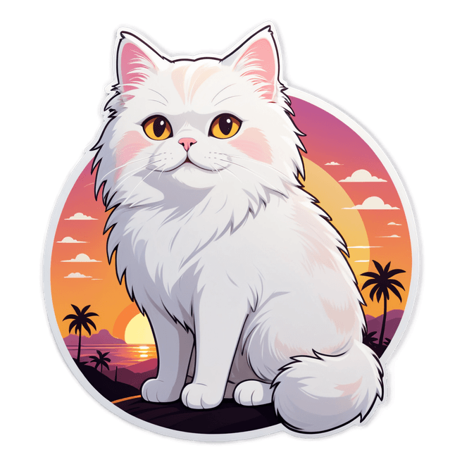 Romantic Sunset Vector Illustration of Cute White Cat with Bold Line Art