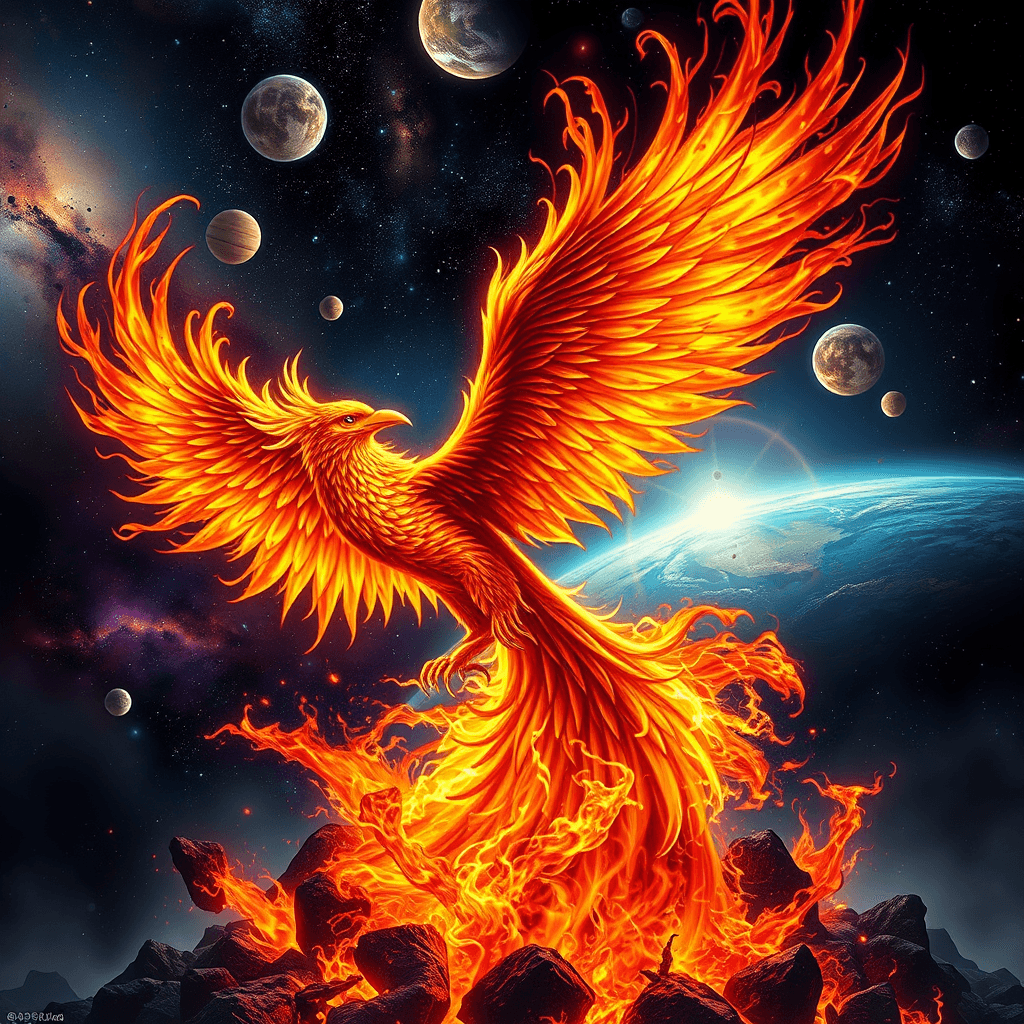 Fiery Phoenix Rebirth in Cosmic Splendor | Fulgent AI