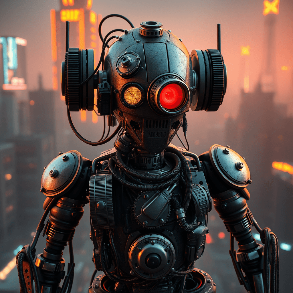 4k Retro-Futuristic Robot 3D Render: Industrial Aesthetic in Dystopian Cityscape