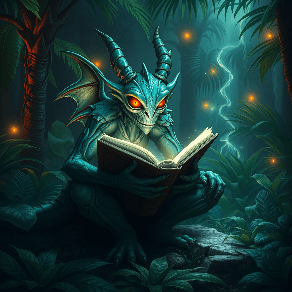 Mystical Mythic Creature immersed in magical book surrounded by tropical plants