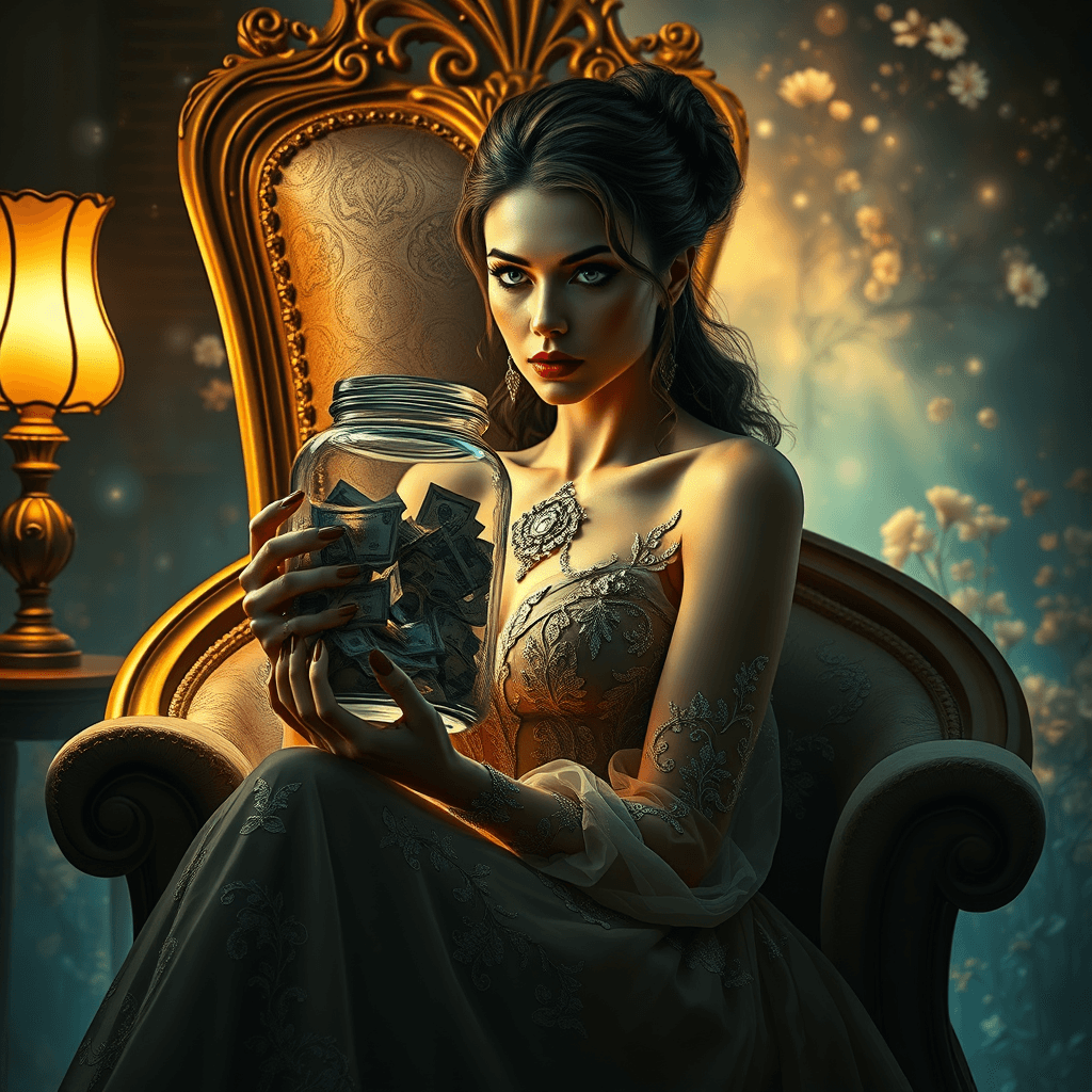 Fulgent AI | 4K Hyper-Realistic Fantasy Portrait of Woman with Money Jar