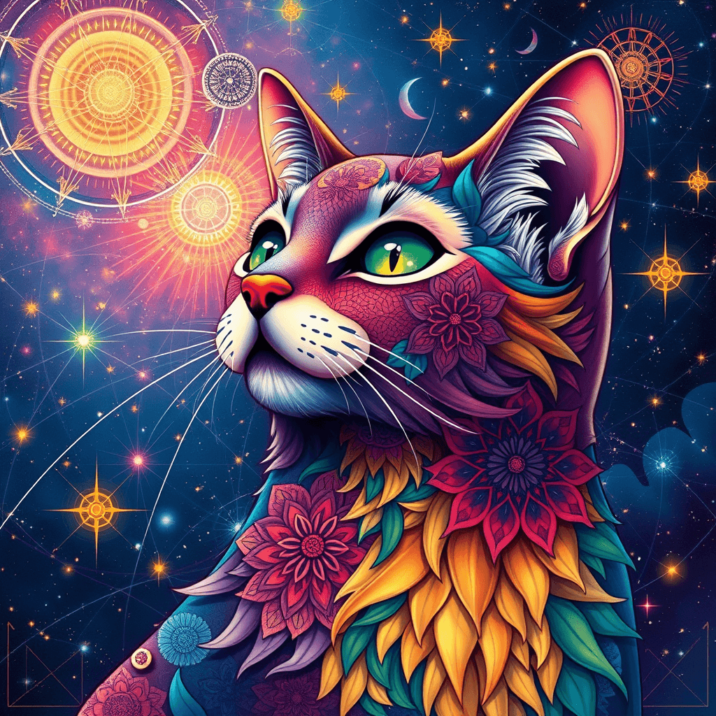 Colorful Mandala Cat in Cosmic Universe | Alphonse Mucha Style