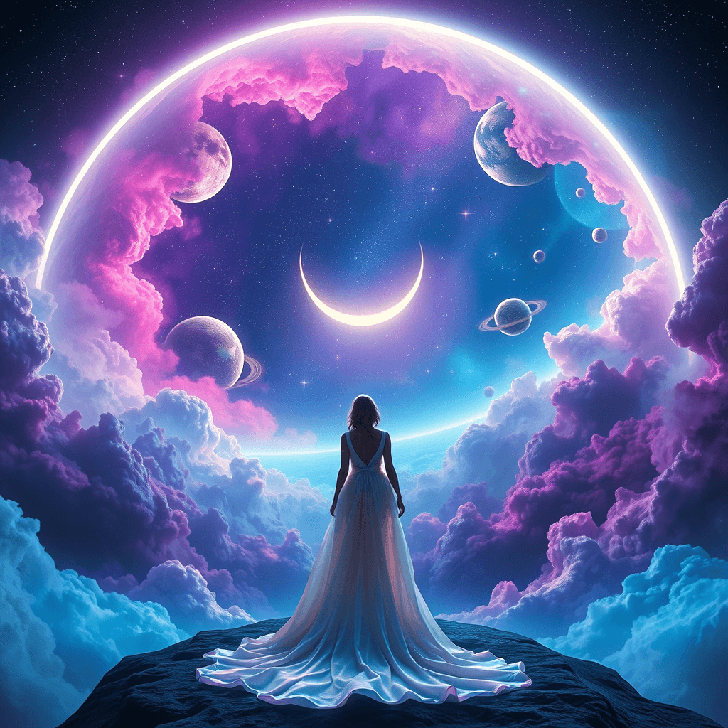 Surreal Cosmic Female Figure Gazing at Crescent Moon in Luminescent Gown
